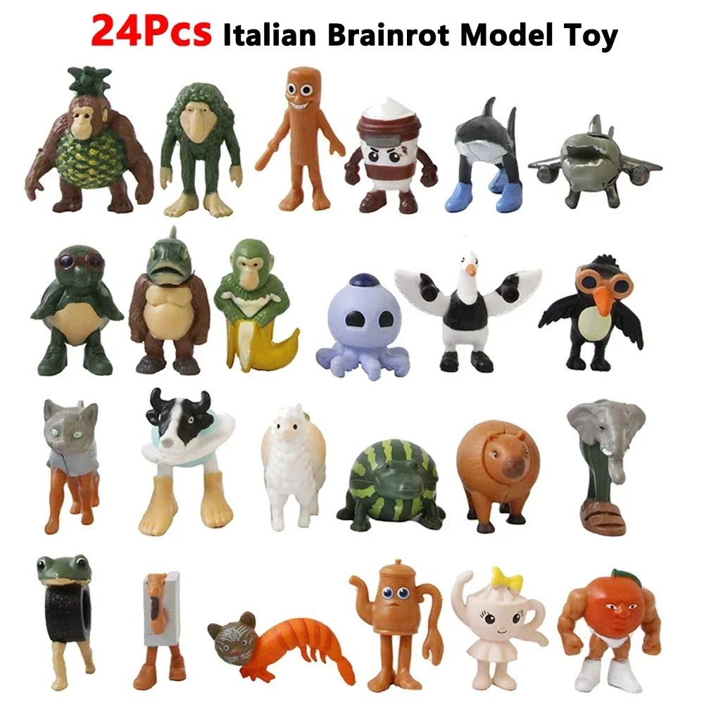 ## 24Pcs Italian Brainrot Anime Action Figure Set Tung Tung Sahur Tralalero Tralala Bombardino Crocodilo Figures Model Toy Gift
